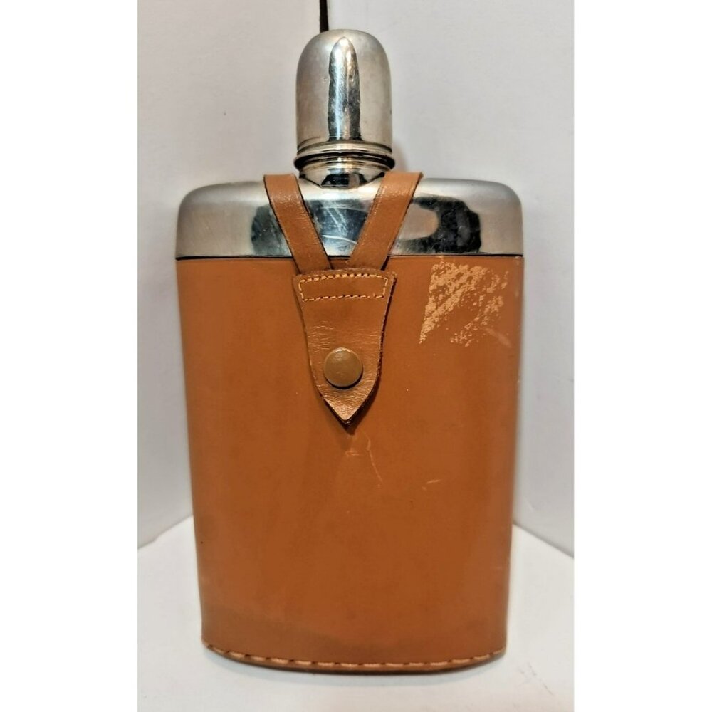 Vtg German Leather Wrapped Hip Flask with Shot Glass Lid
